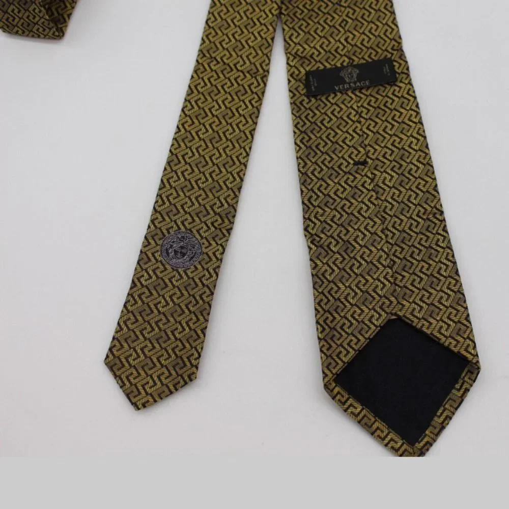 $250 Versace Medusa 100% Silk Tie - Gold/Black Greek Key Pattern - NWOT